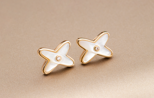 [AuraEcho]JEUX DE WHITE MOP PINK GOLD DIAMOND EARRINGS