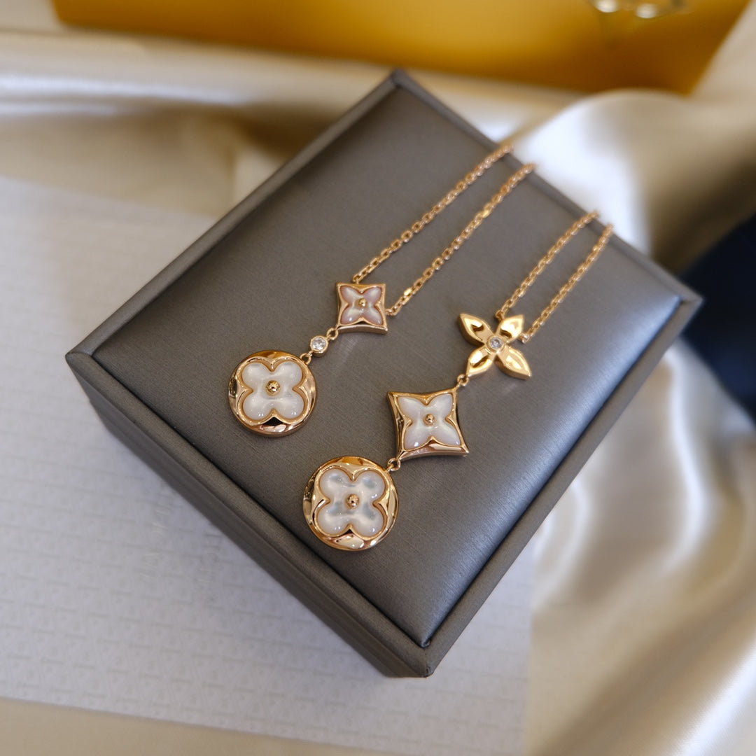 [AuraEcho]COLOR BLOSSOM LARIAT NECKLACE PINK GOLD WHITE MOTHER PEARL AND DIAMOND