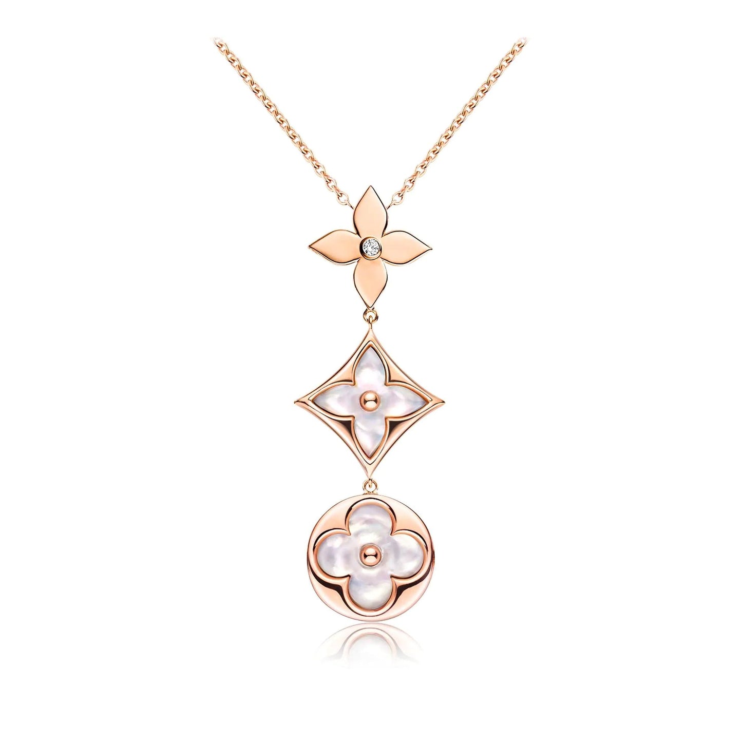 [AuraEcho]COLOR BLOSSOM LARIAT NECKLACE PINK GOLD WHITE MOTHER PEARL AND DIAMOND